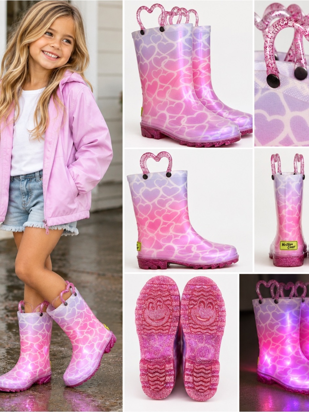 Western Chief Girls Size 12 Pink Purple Glitter Hearts Light Up Rain Boots